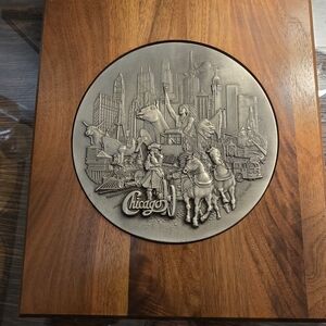 ​Vintage 1975 Kurt Mager Chicago History Pewter Relief Wall Plaque - Walnut Base